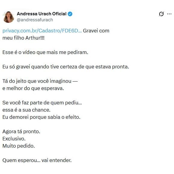 Andressa Urach fez o anúncio através do perfil no X, antigo Twitter