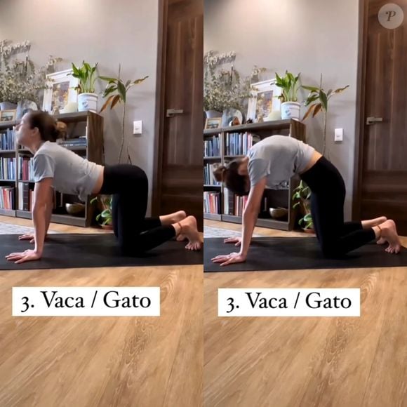 A posição gato-vaca da ioga é bem parecida com a realizada no método pilates. É ótima pedida para aliviar o estresse e ansiedade.