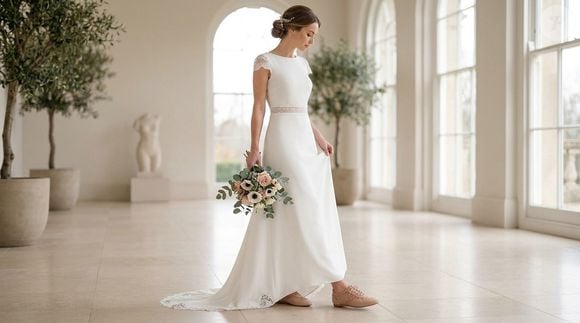 Para a noiva que não quer abrir mão do vestido branco nem do conforto, o tênis rosa chá com renda surge como uma opção para acrescentar um ponto delicado de cor ao look