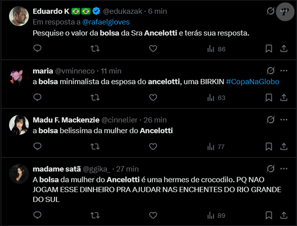 Nas redes sociais, internautas não esconderam a surpresa ao descobrir o valor da bolsa Hermès Birkin usada pela esposa de Carlo Ancelotti