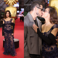 Fernanda Marques, a Bruna de 'Quem Ama Cuida', ganha beijão de José Loreto e exibe vestido sexy transparente com flores 3D e corset à mostra em Gramado