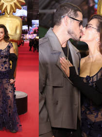 Fernanda Marques, a Bruna de 'Quem Ama Cuida', ganha beijão de José Loreto e exibe vestido sexy transparente com flores 3D e corset à mostra em Gramado