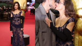 Fernanda Marques, a Bruna de 'Quem Ama Cuida', ganha beijão de José Loreto e exibe vestido sexy transparente com flores 3D e corset à mostra em Gramado