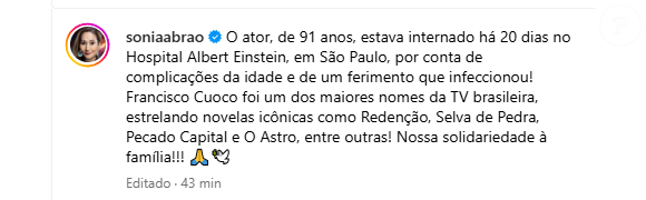 Morte de Francisco Cuoco: Sonia Abrão também escreveu para o ator