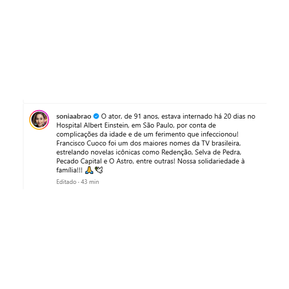 Morte de Francisco Cuoco: Sonia Abrão também escreveu para o ator