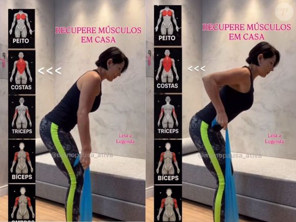 Exercício para as costas: incline o tronco para a frente, mantendo as costas retas, e faça o movimento de remada, puxando a faixa para cima