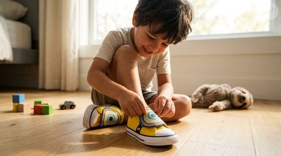 Meu primo de 5 anos pediu e conseguiu calçar sozinho: o novo tênis dos Minions aposta em fechamento de velcro, puxador traseiro e visual amarelo para unir praticidade e diversão no dia a dia das crianças