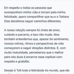 Lauana Prado publicou um comunicado por escrito em sua rede social para falar sobre o término com Tati Dias