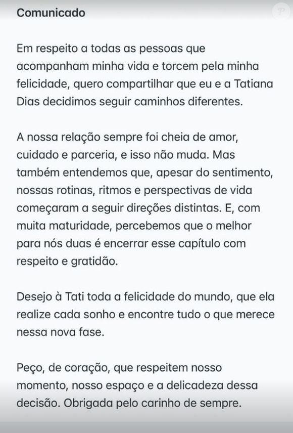 Lauana Prado publicou um comunicado por escrito em sua rede social para falar sobre o término com Tati Dias