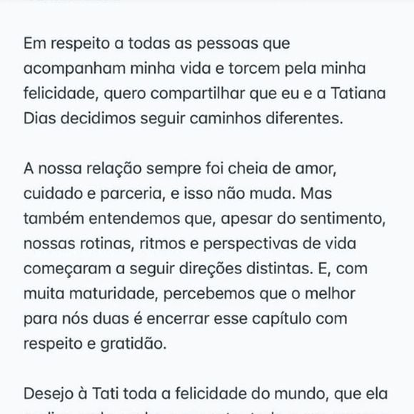 Lauana Prado publicou um comunicado por escrito em sua rede social para falar sobre o término com Tati Dias