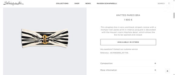 No site oficial da Schiaparelli, o sutiã de Bruna Marquezine custa 1900 euros (R$ 11,7 mil, na atuação cotação)