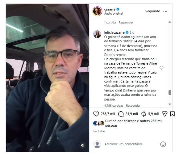 Mulher de Juliano Cazarré, Leticia Cazarre reagiu após ex-babá dos filhos entrar na Justiça: empresária acusou antiga funcionária de querer dar 'golpe'