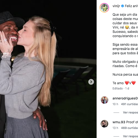 Depois da confusão e repercussão, Vini Jr. alterou a legenda e removeu a parte que deu o que falar