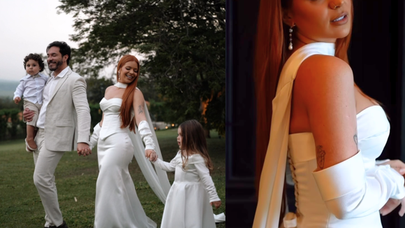Vestido de noiva de cetim, decote tomara que caia e luvas: Viih Tube aposta em look minimalista e moderno para casamento civil com Eliezer após 'perrengues' em dia especial