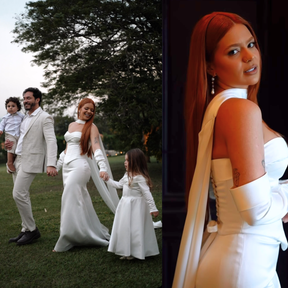 Vestido de noiva de cetim, decote tomara que caia e luvas: Viih Tube aposta em look minimalista e moderno para casamento civil com Eliezer após 'perrengues' em dia especial