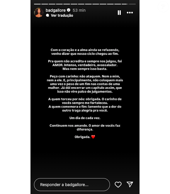 "Pra quem não acredita e sempre nos julgou, foi AMOR. Intenso, verdadeiro, avassalador. Mas nem sempre isso basta", escreveu Lorena Maria