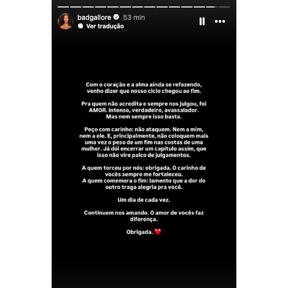 "Pra quem não acredita e sempre nos julgou, foi AMOR. Intenso, verdadeiro, avassalador. Mas nem sempre isso basta", escreveu Lorena Maria