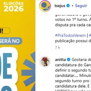 Além dos Stories, Anitta também questionou a situação diretamente no perfil oficial do TSE no Instagram. Em comentário em uma publicação sobre o segundo turno, a cantora escreveu: 'Gostaria de entender por que decidiram anular a candidatura do Garotinho MINUTOS depois da apuração definir o segundo turno. Até sábado estava ok ele se candidatar...'. Em seguida, questionou a possibilidade de desistência após a apuração: 'Agora ele tem o direito de ABRIR MÃO DOS VOTOS? Isso não soa como manobra política?'