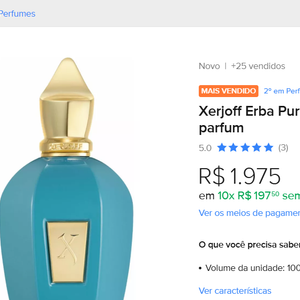 Com relação ao preço do Erba Pura, da Xerjoff, ele pode variar em média, entre R$ R$1.975 e R$2.564,99 (frasco de 100mL).