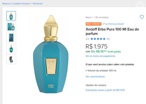 Com relação ao preço do Erba Pura, da Xerjoff, ele pode variar em média, entre R$ R$1.975 e R$2.564,99 (frasco de 100mL).