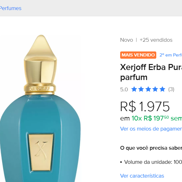 Com relação ao preço do Erba Pura, da Xerjoff, ele pode variar em média, entre R$ R$1.975 e R$2.564,99 (frasco de 100mL).