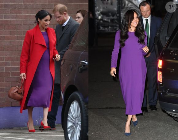 Meghan Markle usa vestido queridinho roxo em ocasiões diferentes
