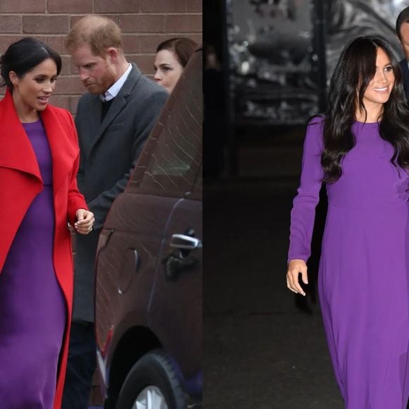 Meghan Markle usa vestido queridinho roxo em ocasiões diferentes