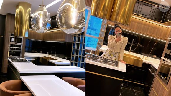 Cozinha do triplex de Graciele Lacerda e Zezé Di Camargo também traz a predominância do dourado