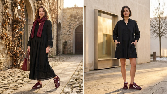 O Campus 00s Vermelho mostra como um tênis pode deixar vestidos pretos, dos modelos boho aos de modelagem ampla, com um visual moderno e sofisticado para os dias amenos do inverno
